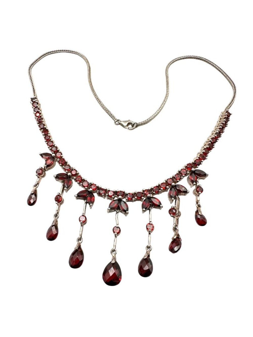 Vintage Red Garnet Gemstone Necklace Sterling Silver Briolettes 16 Inch